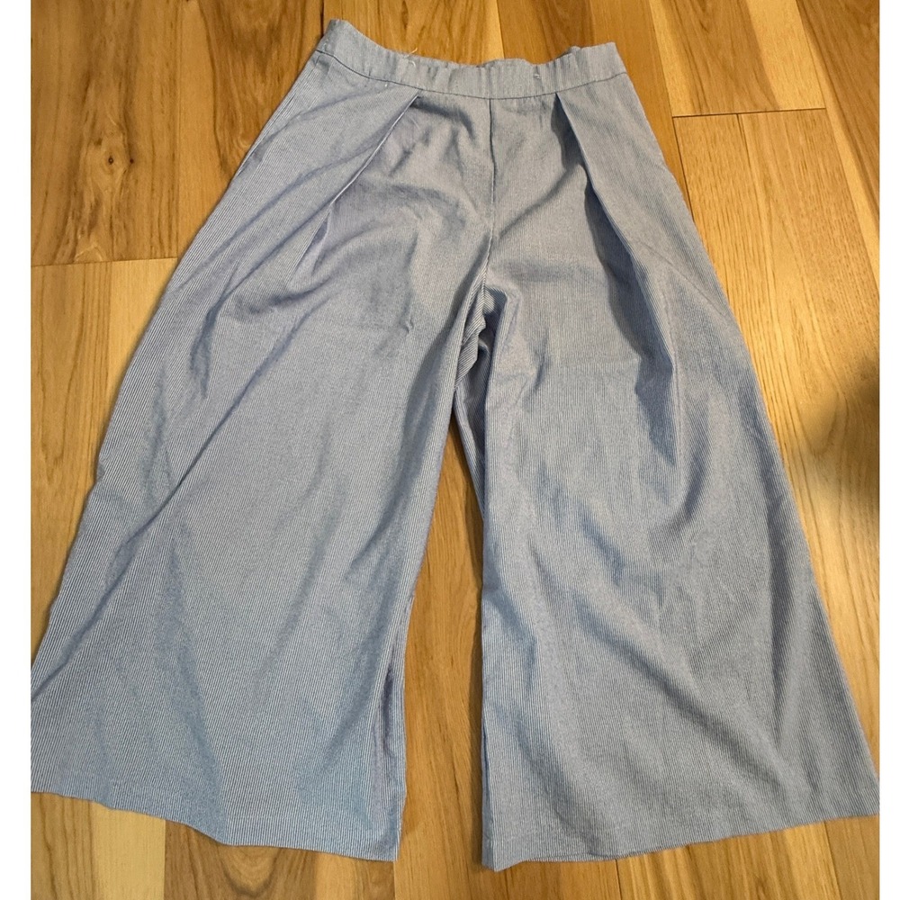 Everly Wide Leg Pants Women Size M Blue White Pinstripe Pleated Front Side Zip